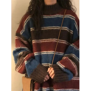 Getadme Harajuku Knit Sweaters Women Oversized Striped Knitwear Streetwear Vintage Patchwork Jumpers Preppy Korean Casual Pullovers New